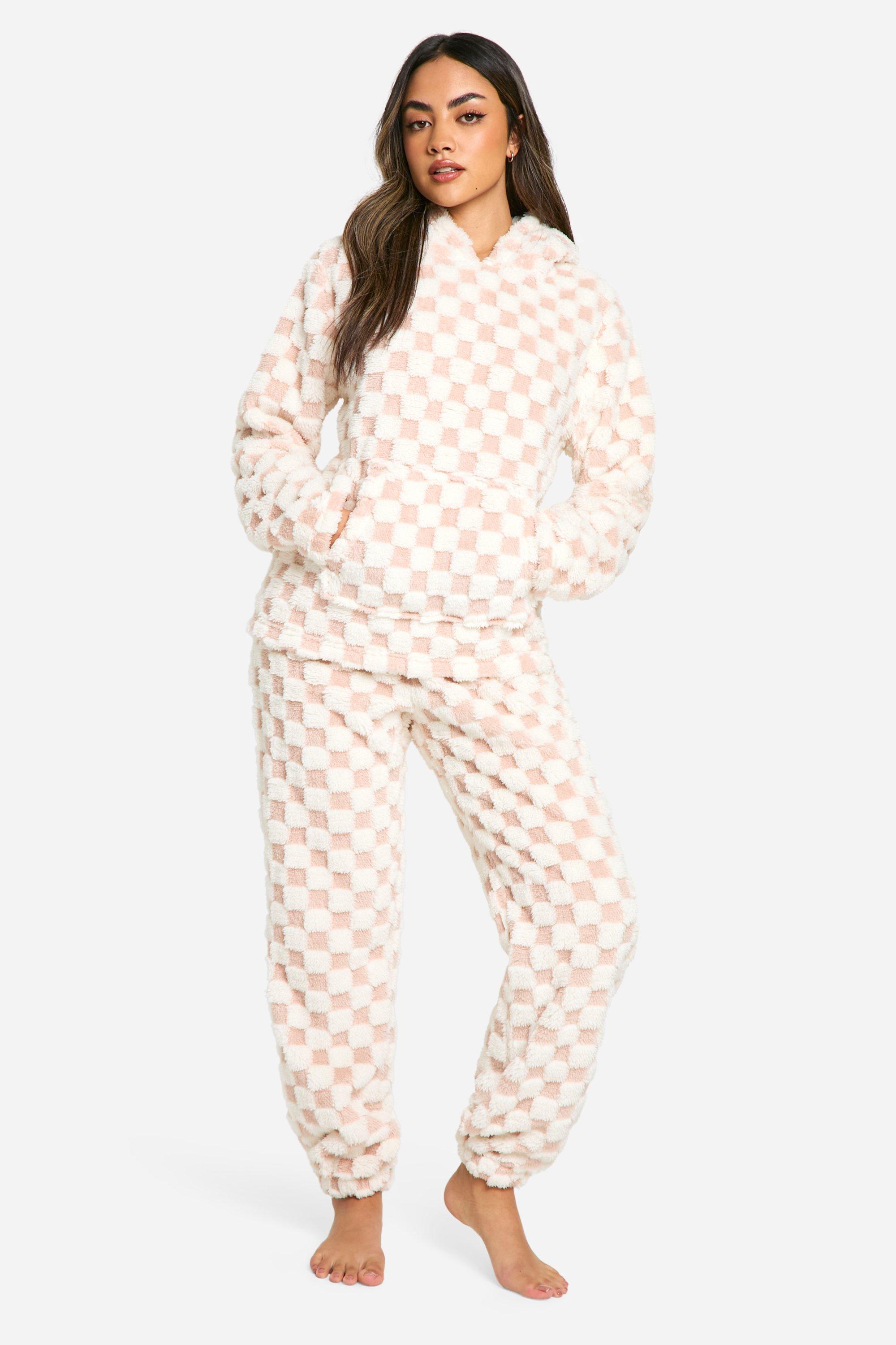 Womens Baby Pink Fleece Checkerboard Hoodie And Jogger Set - 14, Pink